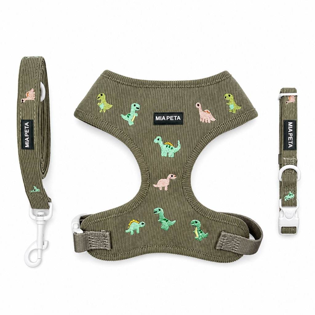 Embroidered Olive Dinosaur Corduroy Harness Set