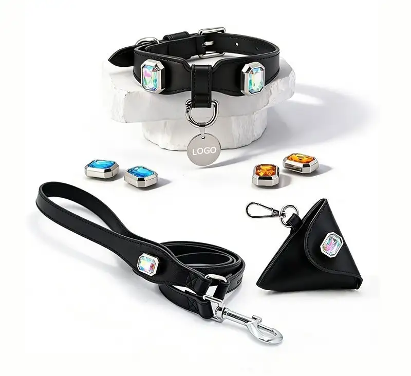 Crystal Leather Dog Collar Set