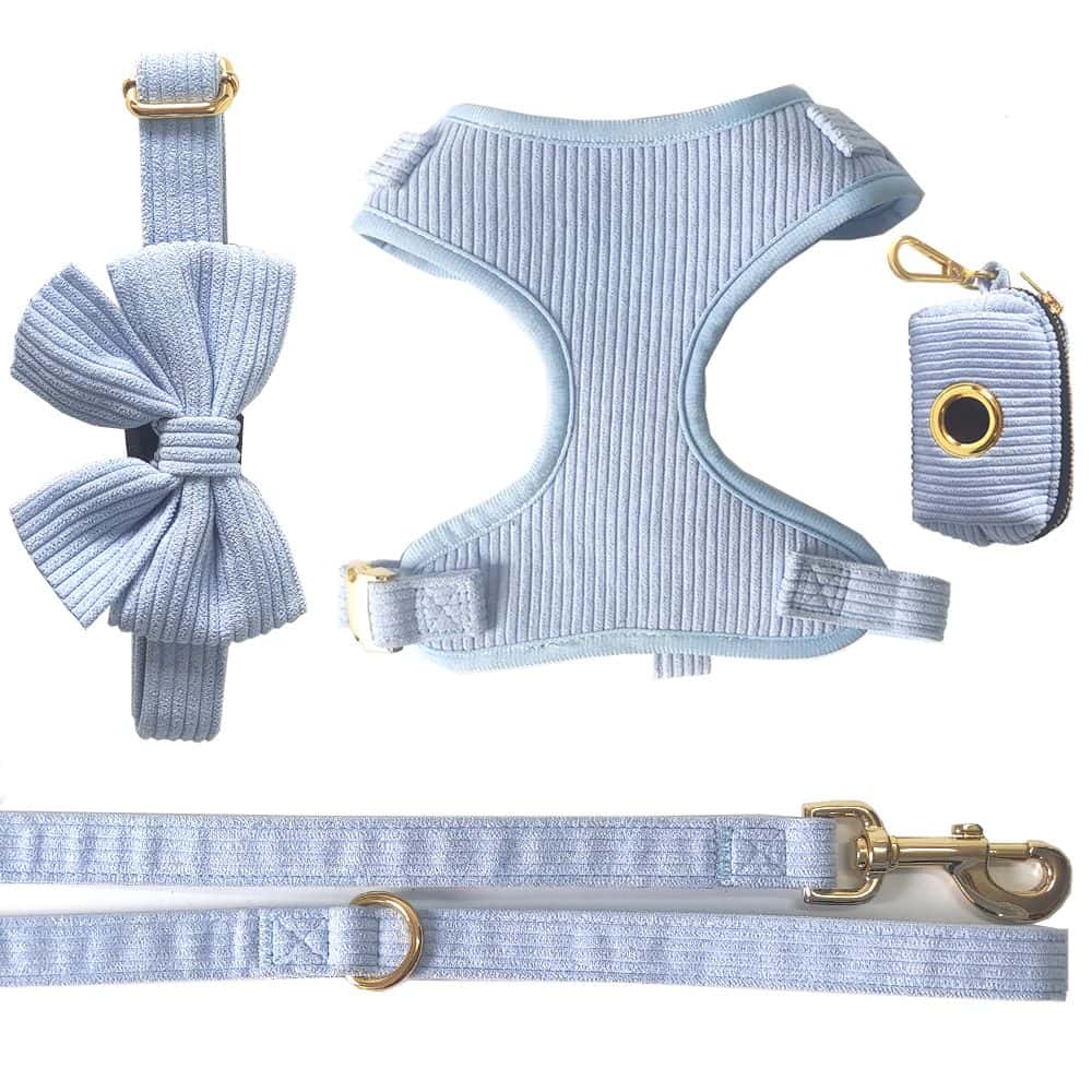 Blue Corduroy Dog Harness Set