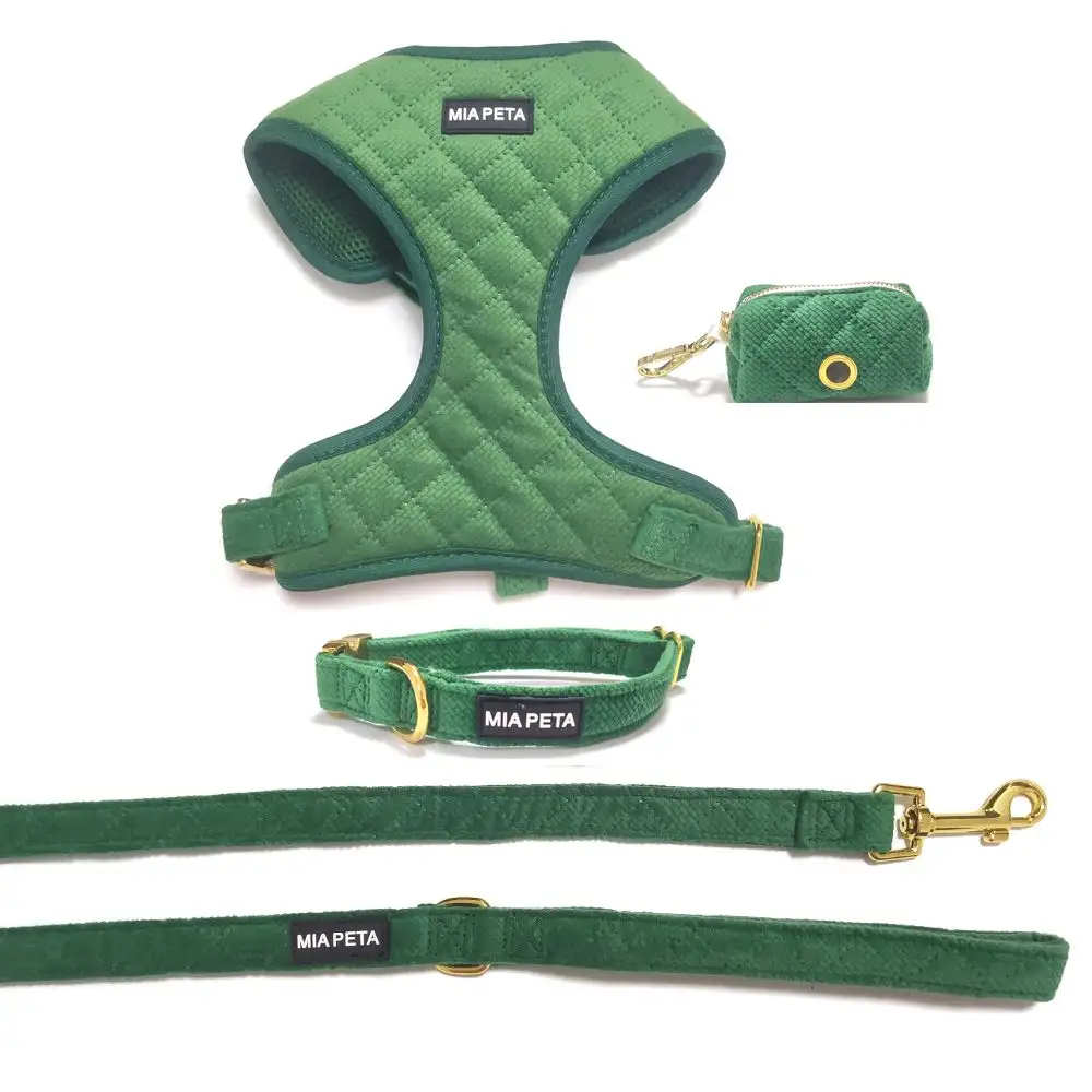 Quilted Velvet Dog Harness Set - Green