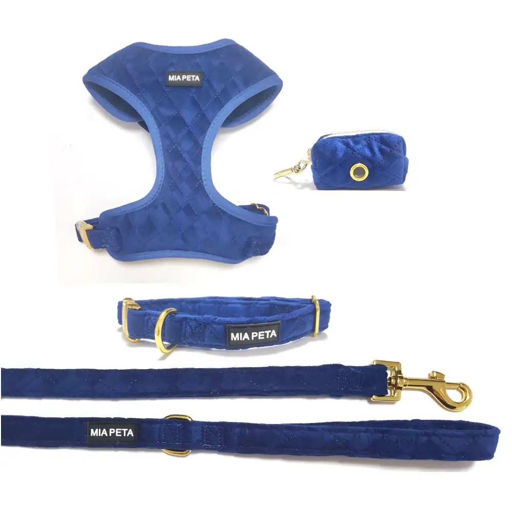 Quilted Velvet Dog Harness Set - Blue